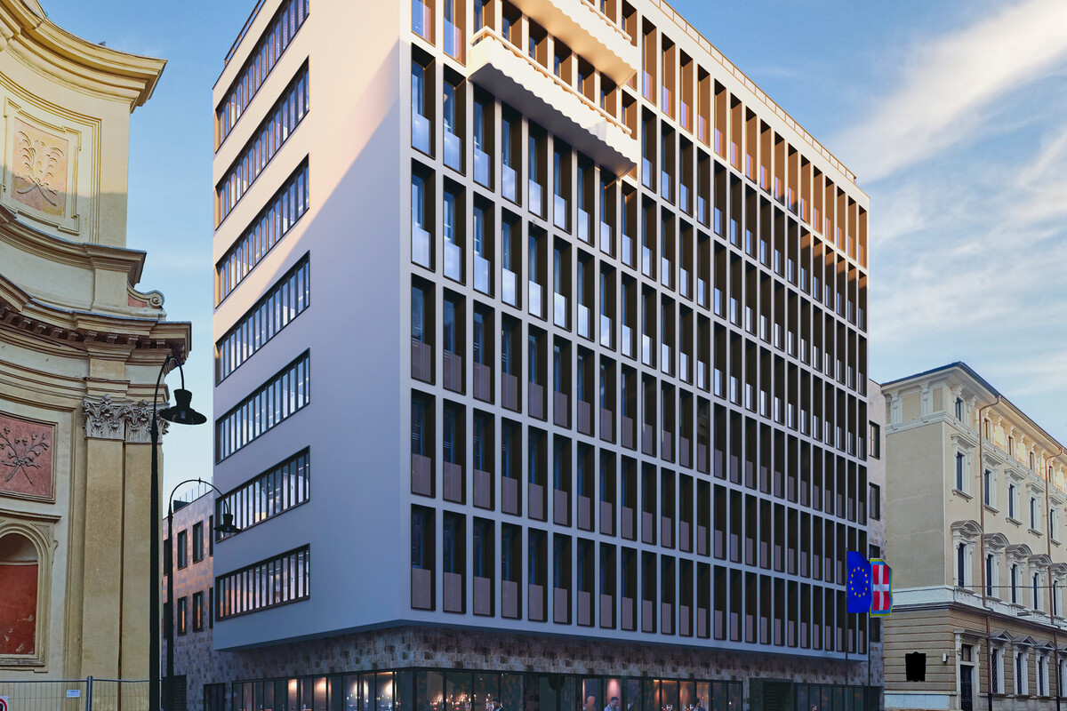 Render della sede del Consiglio regionale del Piemonte di via Arsenale 14 a Torino dopo l'intervento di rifacimento